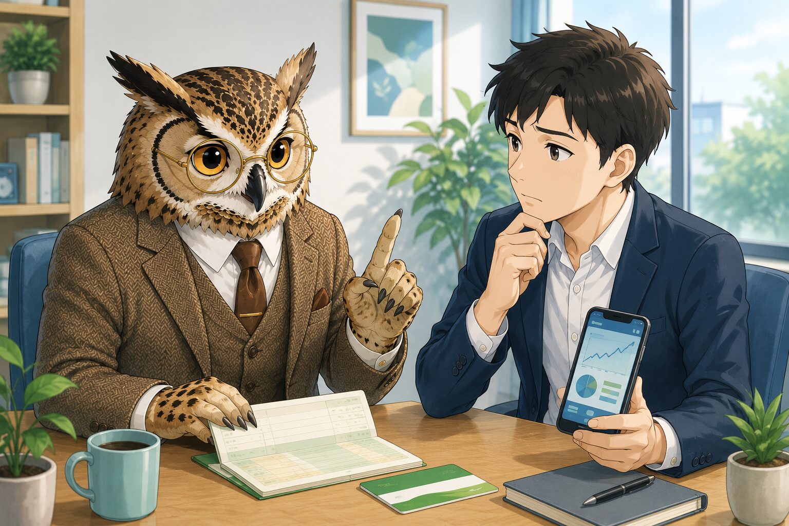 フクロウ博士が28歳の会社員に資産形成をアドバイスするイラスト