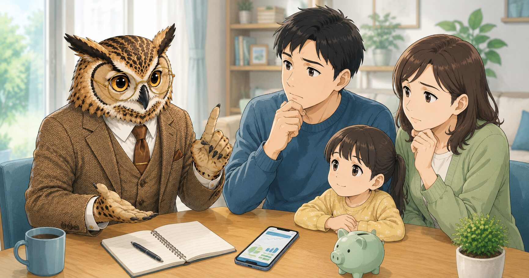 フクロウ博士が5歳の子を持つ38歳夫婦に教育費と老後の両立をアドバイスするイラスト
