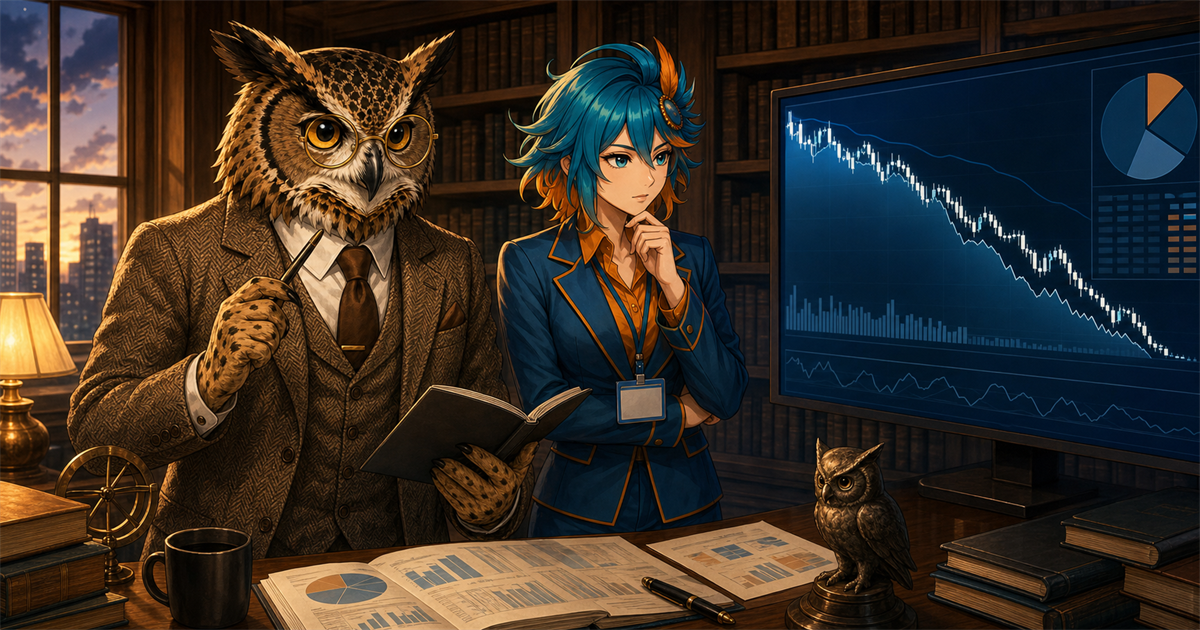 下落気味の資産チャートを見つめるフクロウ博士とアルセド監査官のイラスト