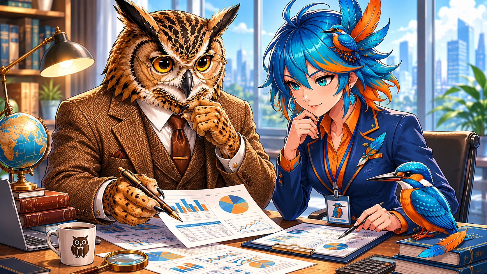 フクロウ博士とアルセド監査官がポートフォリオを確認するイラスト