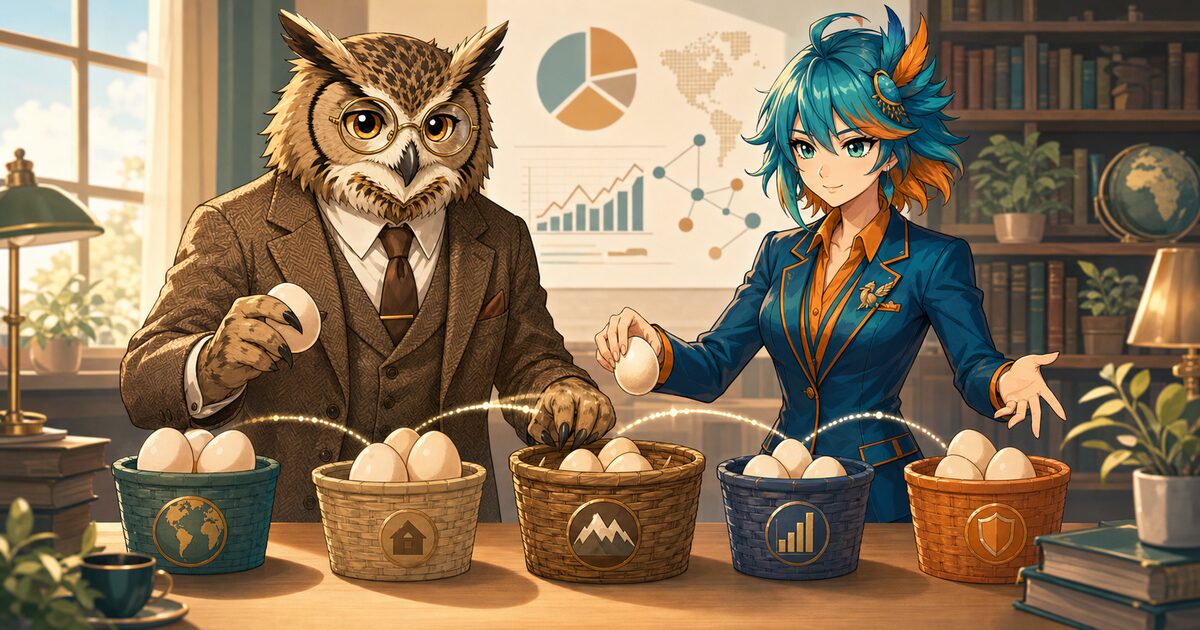 分散投資のイメージ｜複数のカゴに卵を分けて入れる様子をフクロウ博士とアルセド監査官が示す研究所イラスト
