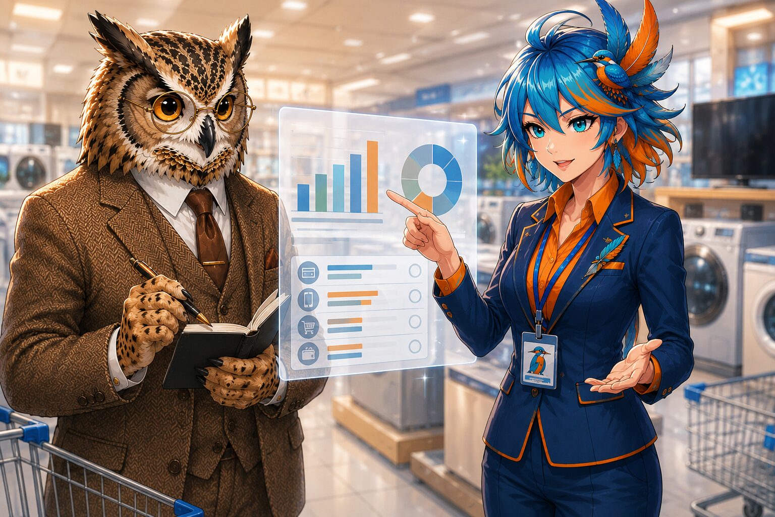 家電量販店のレジ前でポイント還元率の比較表を見るフクロウ博士とアルセド監査官