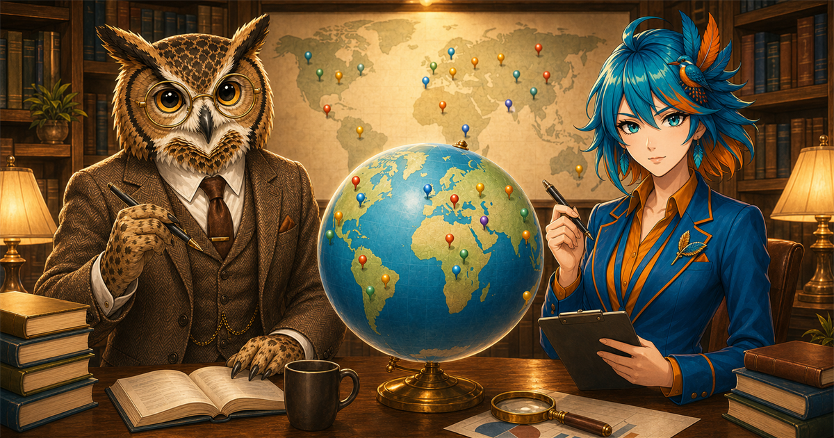 オルカンのイメージ｜世界地図と地球儀を前にフクロウ博士とアルセド監査官が全世界株式への分散投資を示す研究所イラスト