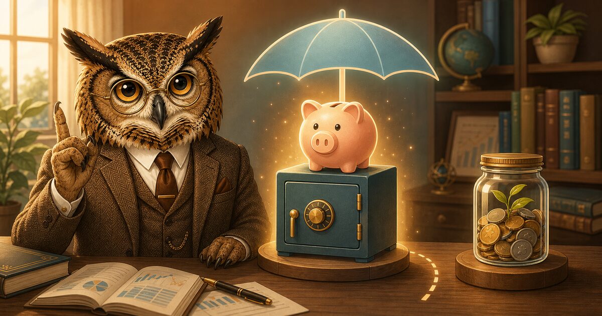 生活防衛資金のイメージ｜フクロウ博士が家計の非常用の蓄えを示す研究所イラスト
