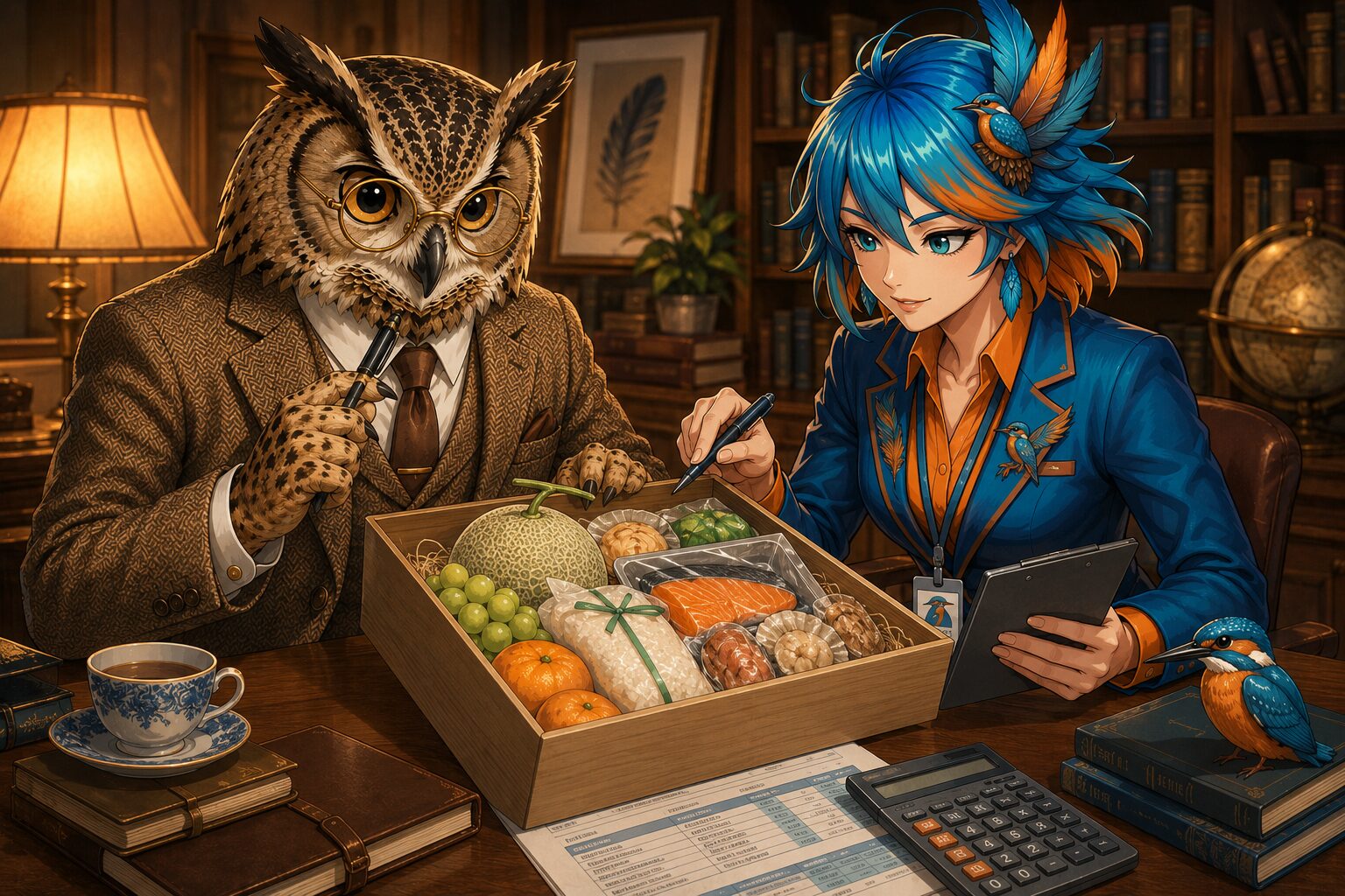 返礼品の箱を前に検討するフクロウ博士とアルセド監査官