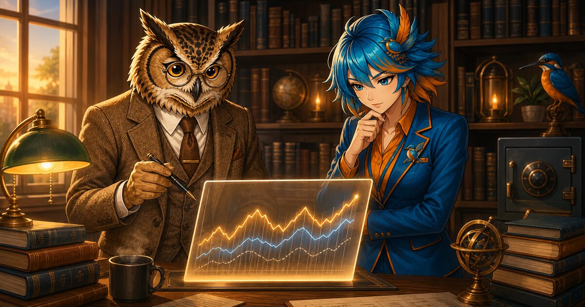ひふみプラスのイメージ｜上下しながら右肩上がりのチャートを前にフクロウ博士とアルセド監査官がアクティブ運用を解説する研究所イラスト