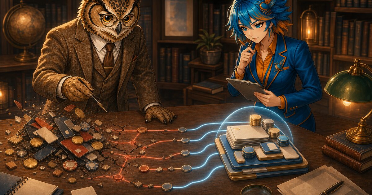 キャッシュレス改悪ラッシュのイメージ｜フクロウ博士とアルセド監査官が崩れる還元ルートと残るルートを確認する研究所イラスト