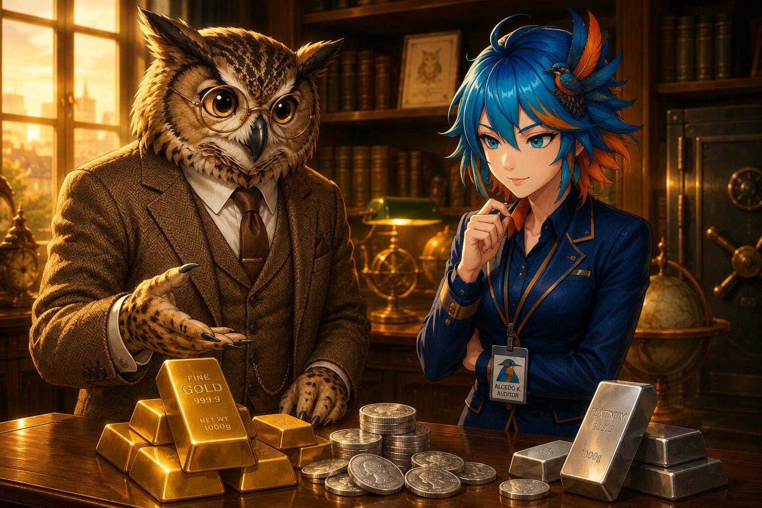 フクロウ博士とアルセド監査官が金・銀・プラチナを前に立つイラスト