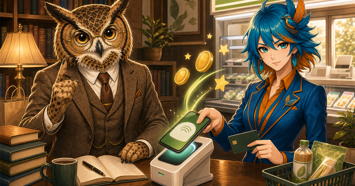 フクロウ博士とアルセド監査官がコンビニのスマホタッチ決済とポイント還元について解説するイラスト