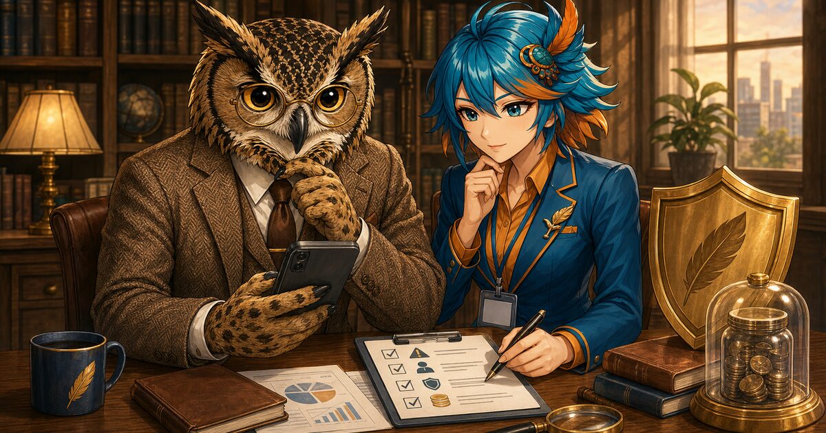 SNS型投資詐欺の送金前チェック｜フクロウ博士とアルセド監査官がスマホと確認リストを見ながら資産を守る研究所イラスト
