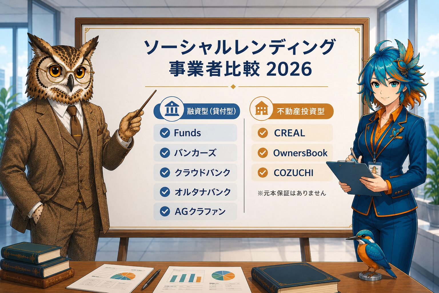 ソーシャルレンディング8社の比較ボードを前に立つフクロウ博士とアルセド監査官の研究所イラスト