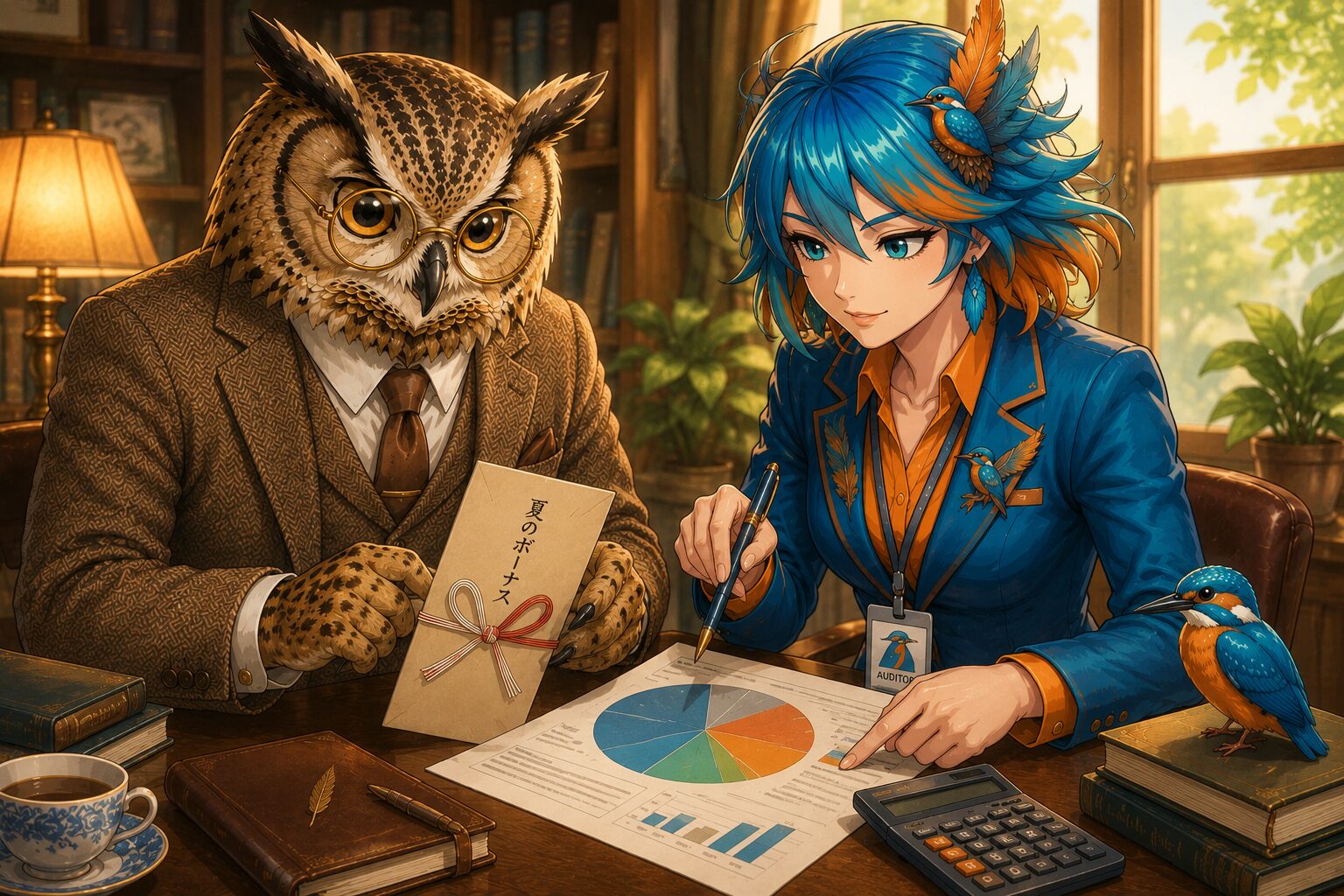 フクロウ博士とアルセド監査官が夏のボーナスの配分を検討している研究所のイラスト