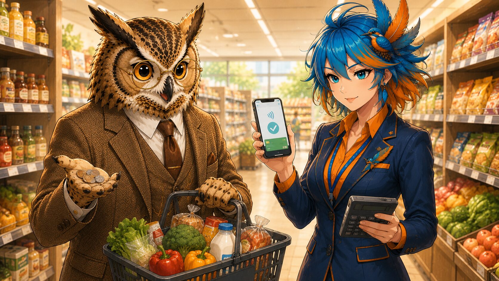 スーパーの店内で買い物かごを持つフクロウ博士と、スマホ決済画面と電卓を掲げるアルセド監査官のイラスト