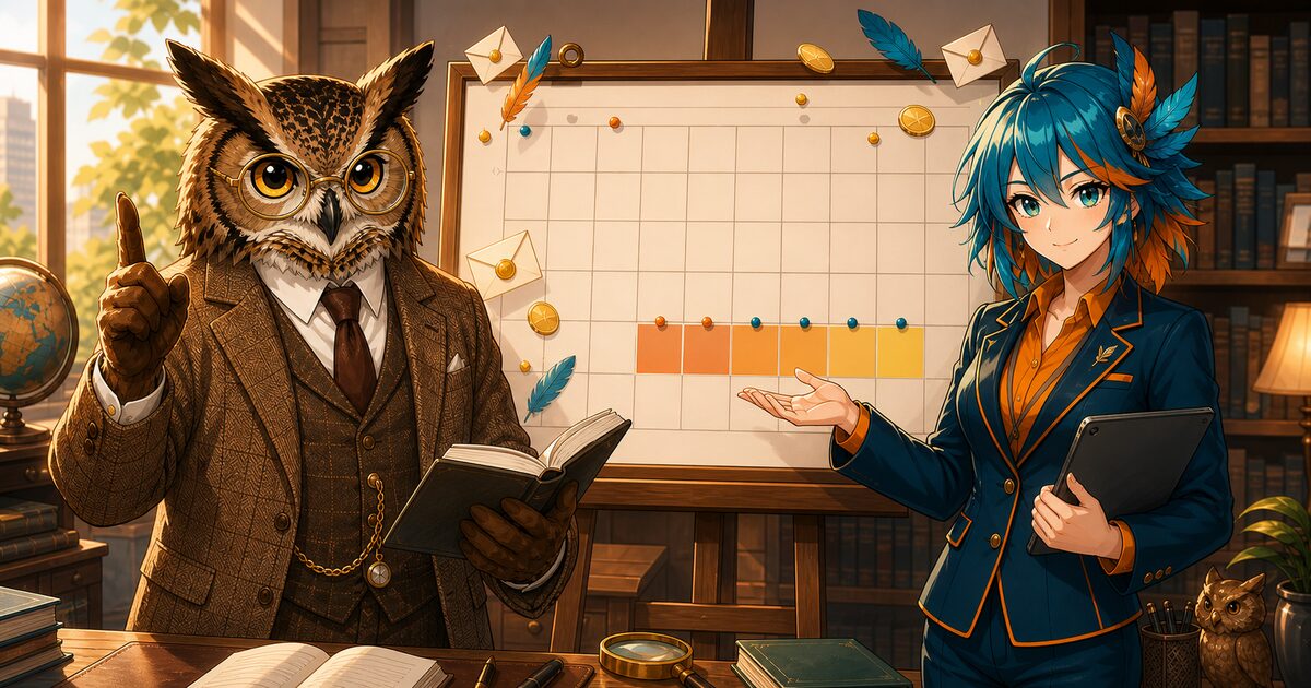 6月＝配当金シーズンのカレンダーボードを前に立つフクロウ博士とアルセド監査官の研究所イラスト