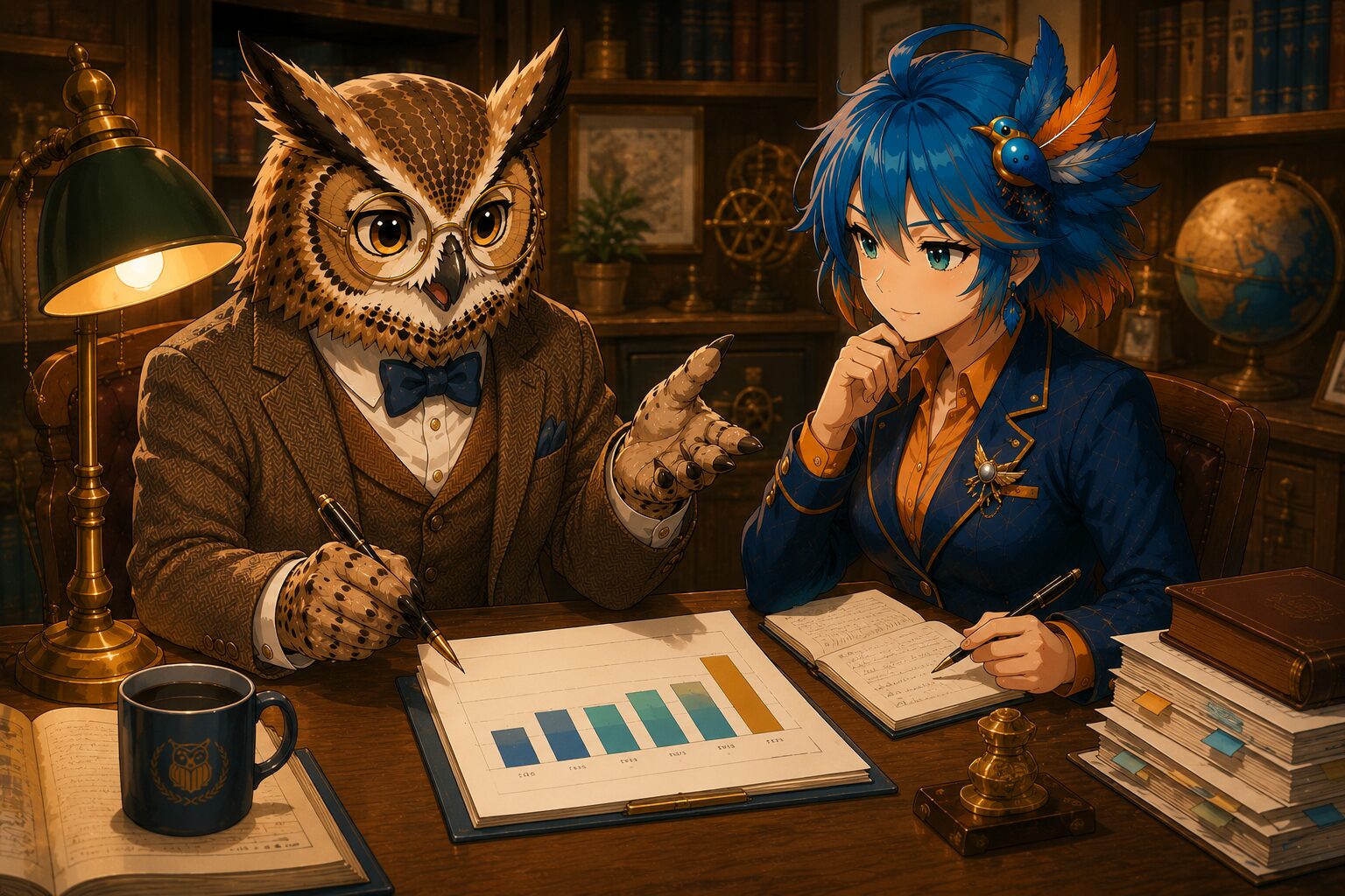 フクロウ博士とアルセド監査官がポートフォリオを確認するイラスト