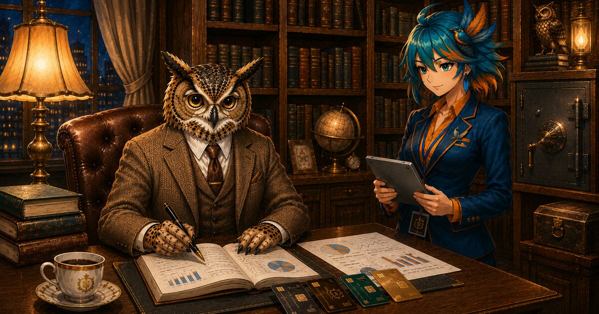 新NISA証券口座選びのイメージ｜書斎でフクロウ博士とアルセド監査官がクレジットカードを前に証券会社比較を検討する研究所イラスト