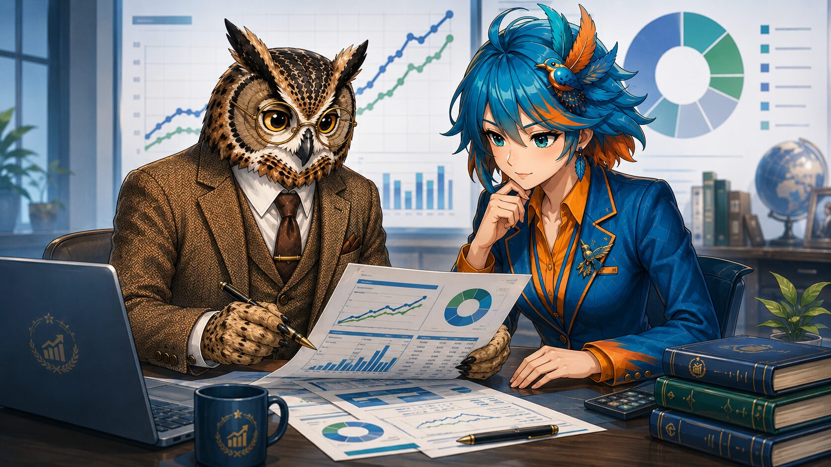 フクロウ博士とアルセド監査官が投資信託の月次レポートを確認する資産構築研究所