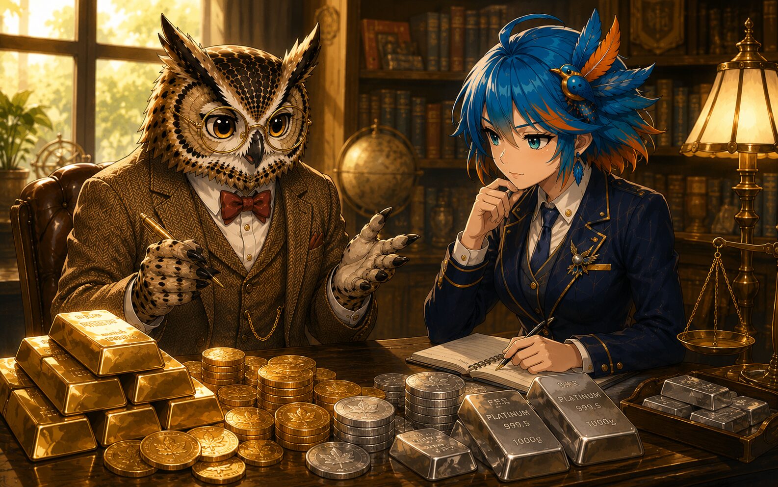 フクロウ博士とアルセド監査官が金・銀・プラチナを前に立つイラスト
