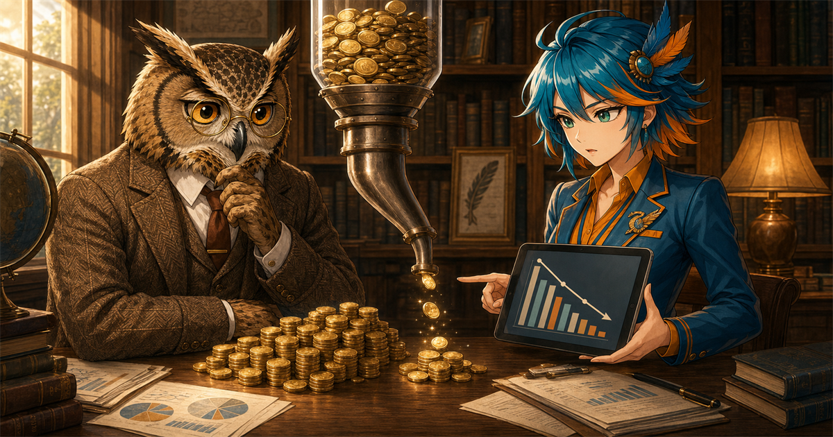 楽天キャッシュのチャージ上限縮小を、細くなるコインの流れとフクロウ博士・アルセド監査官の分析で表した研究所イラスト