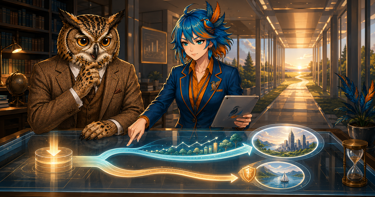 退職計画の作業台で拠出の流れを確認するフクロウ博士とアルセド監査官（企業型DCのマッチング拠出）