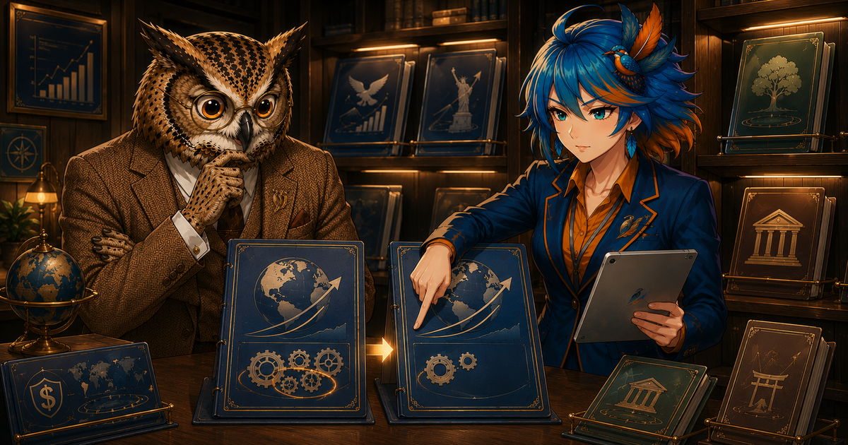 投資商品のアーカイブで同型の外国株ファンドを比較するフクロウ博士とアルセド監査官（企業型DCの商品棚卸し）