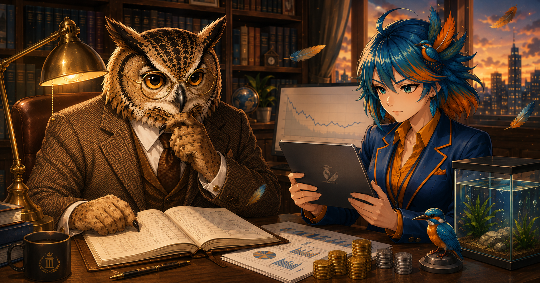 書斎で運用記録を確認するフクロウ博士と、タブレットで数字を突き合わせるアルセド監査官(SL・クラウドファンディング 定点観測 2026年7月)