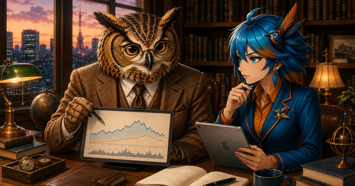 投資信託定点観測2026年7月のアイキャッチ。フクロウ博士とアルセド監査官が円高局面の評価額推移を確認する研究室