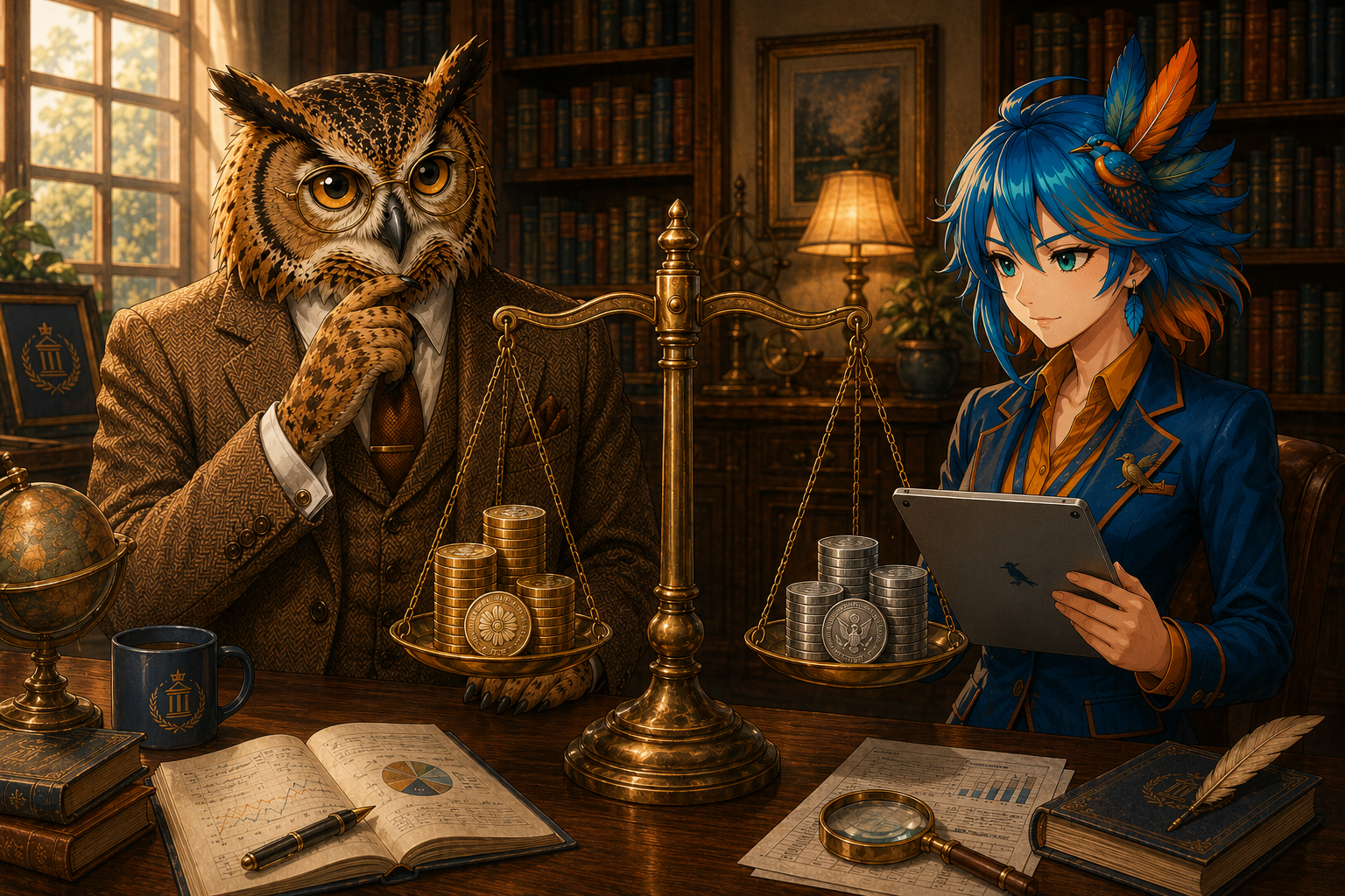 天秤の両皿に円貨とドル貨を載せて見比べるフクロウ博士とアルセド監査官（米国株定点観測2026年7月）