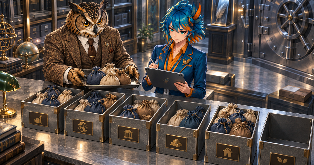 研究所の資金保管室で、償還されて戻ってきた資金袋のトレイを受け取るフクロウ博士と、台帳へ記入するアルセド監査官（SL・クラウドファンディング 定点観測 2026年8月）