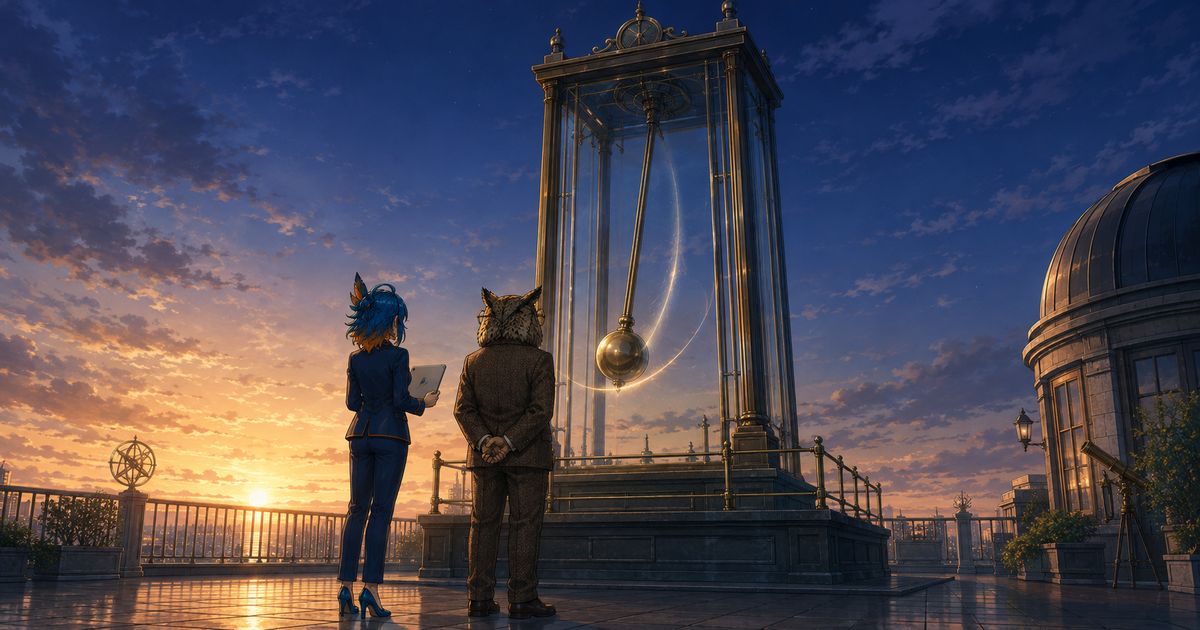 投資信託定点観測2026年8月のアイキャッチ。夜明けの屋上観測台で、フクロウ博士とアルセド監査官が再び動き出した大型の振り子装置を見上げる