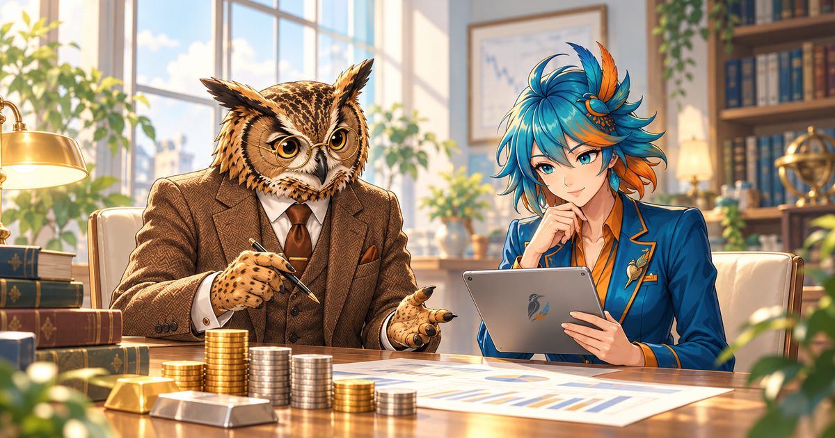 明るい研究室で貴金属の資料を見ながら相談するフクロウ博士とアルセド監査官のイラスト